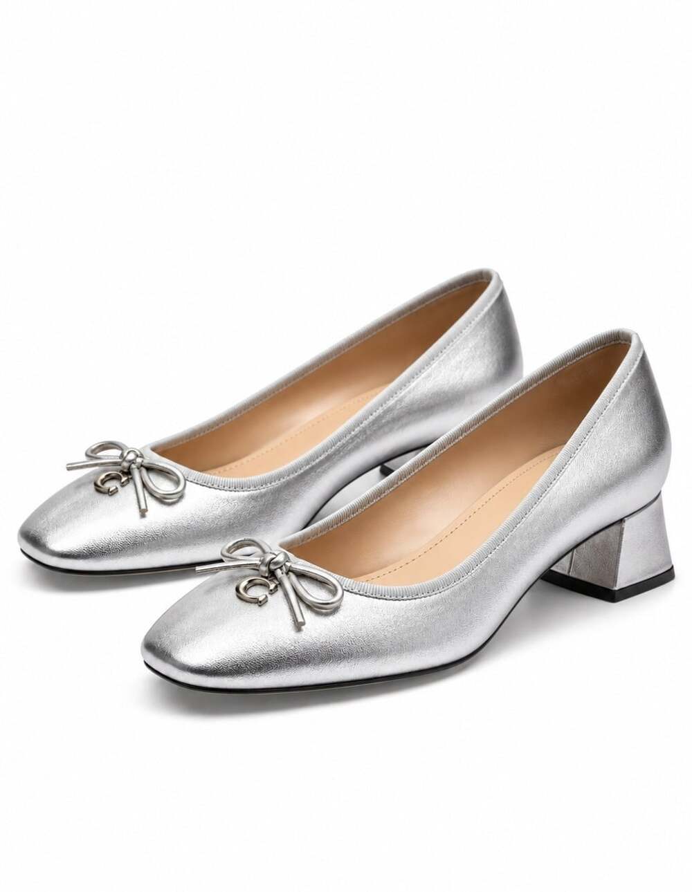 Coach Ava Ballet Pump Silver Metallic Leather Bow C Logo Block Heel Shoes 10
